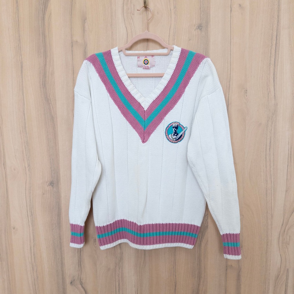 Vintage Womens Cable Knit Sweater L White Cricket Club V-Neck Old Money Preppy